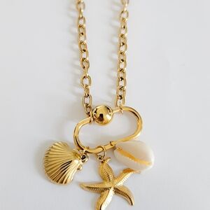 Gold Charm Necklace with Shell and Starfish